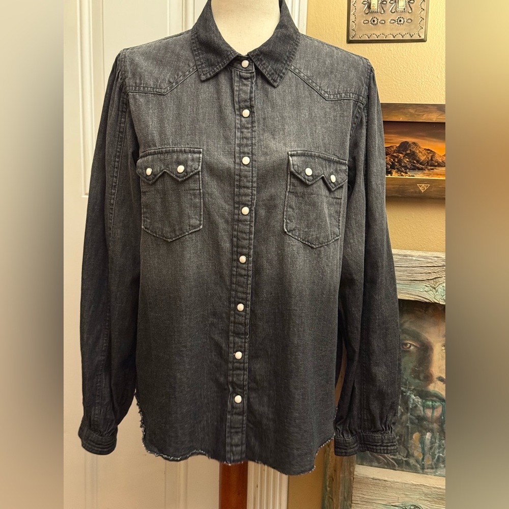 Cruel Girl Black Enzyme Washed Denim Snap Western Cowgirl Shirt Large